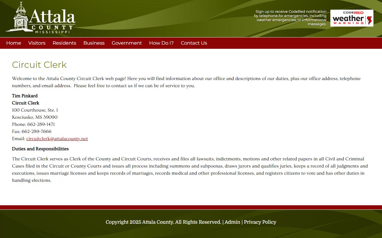Attala County Circuit Clerk page for criminal court records after arrest