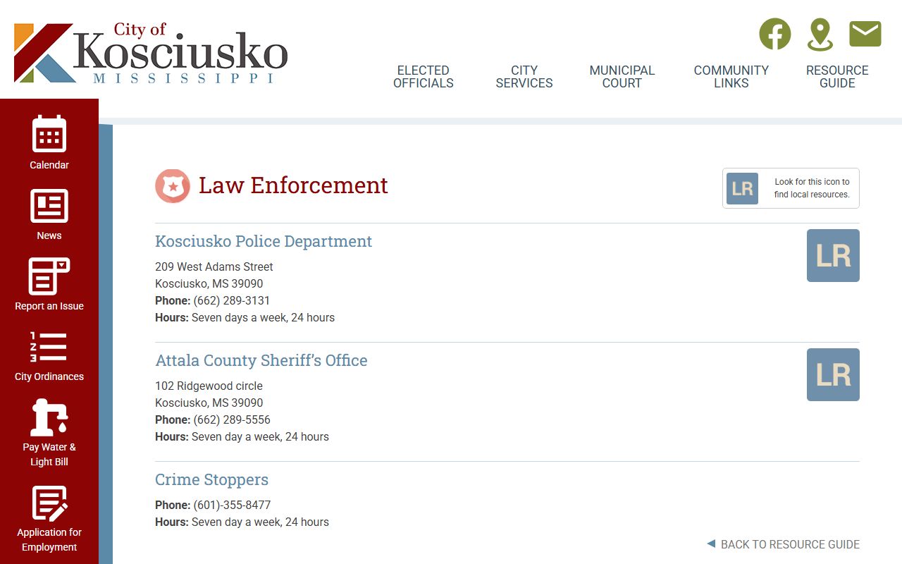 Kosciusko Police Department Holding Facility and Attala County sheriff law enforcement contacts