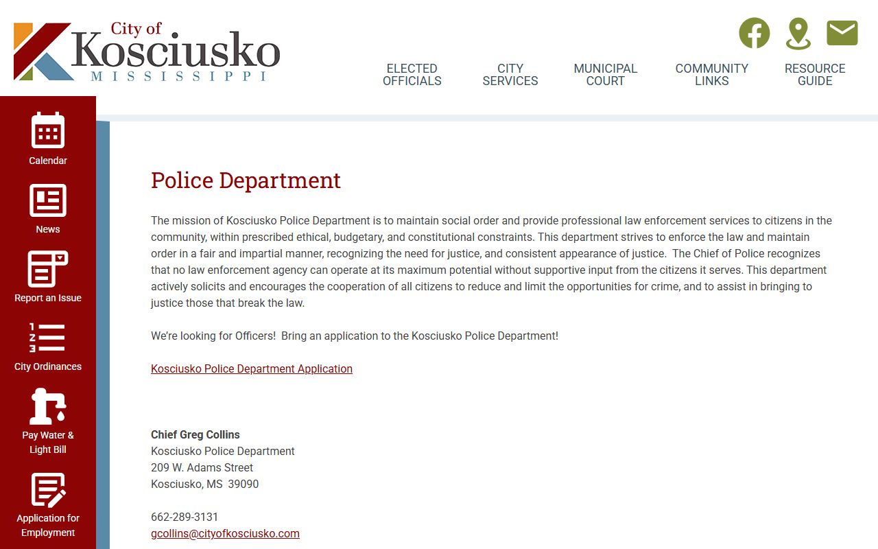 Kosciusko Police Department Holding Facility city police custody contact